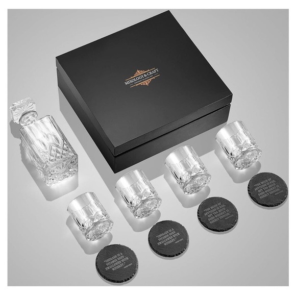 Mixology & Craft Whiskey Decanter Set Crystal Bourbon Scotch Cognac Glasses 10oz - Picture 2 of 5